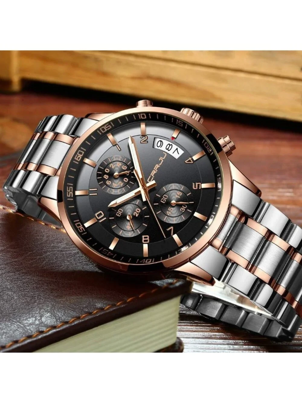Men's Silver Rose Gold Analog Stainless Steel Waterproof Chronograph Wrist Watch